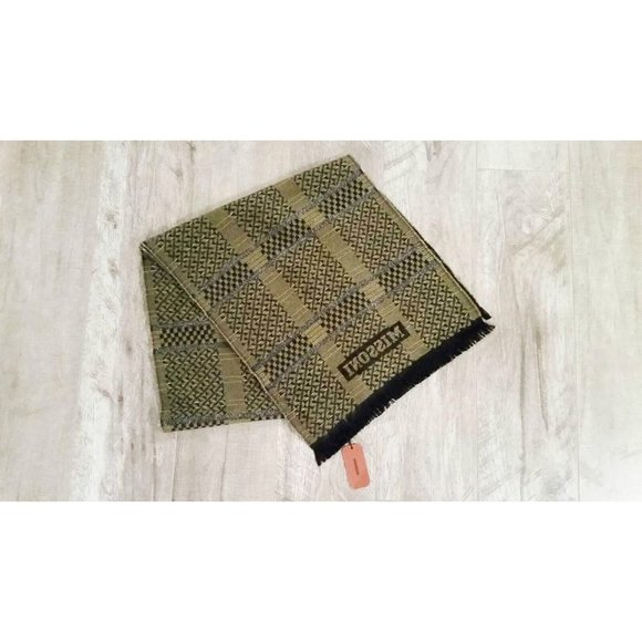 MISSONI Italy CHEVRON Pattern Centered FRINGE Trim WOOL Scarf BLACK / ARMY GREEN - Picture 1 of 2